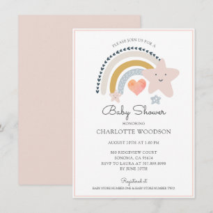 Convite Chá de fraldas Boho Rainbow Pink Heart Girl