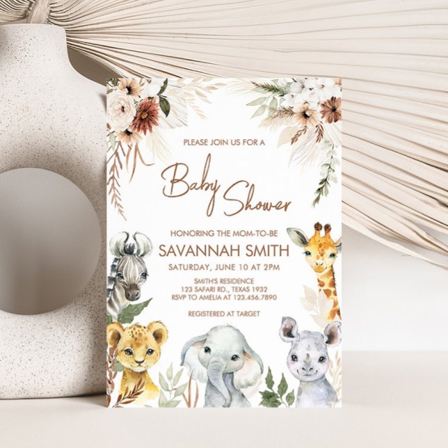Convite Chá de fraldas Boho Safari (Boho Safari Animals Baby Shower Invitation)