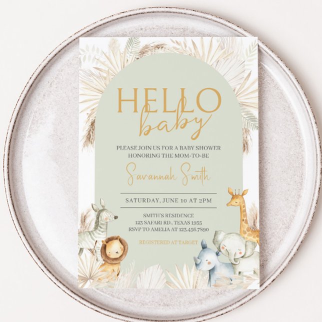 Convite Chá de fraldas Boho Sage Green Safari (Hello Baby Safari Baby Shower Invitation)