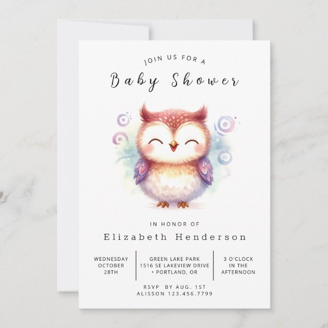 Convite Chá de fraldas Boho Watercolor Owl (Frente)