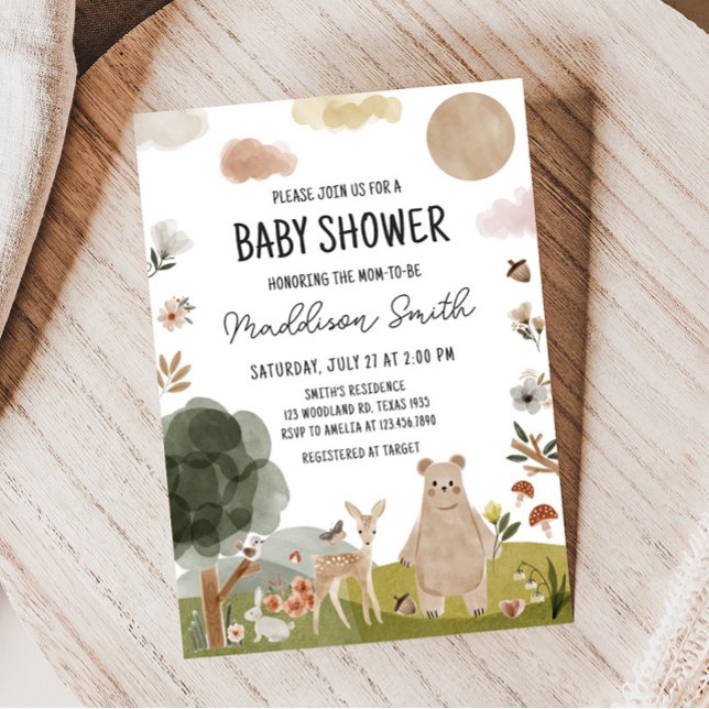 Convite Chá de fraldas Boho Woodland (Boho Woodland Animals Baby Shower Invitation)