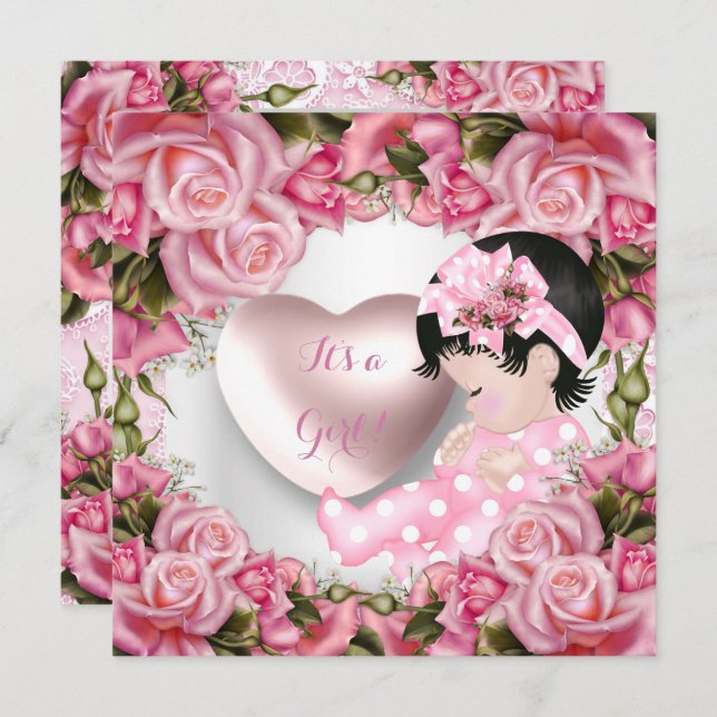 Convite Chá de fraldas Bonita Menina Rosa Rosa Rosas Rosa  (Frente/Verso)