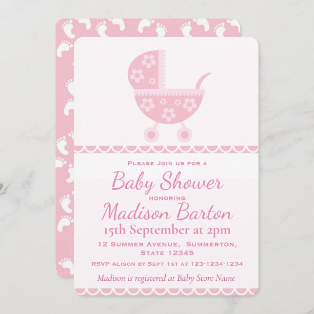 Convite Chá de fraldas bonito da menina do Pram (Frente/Verso)