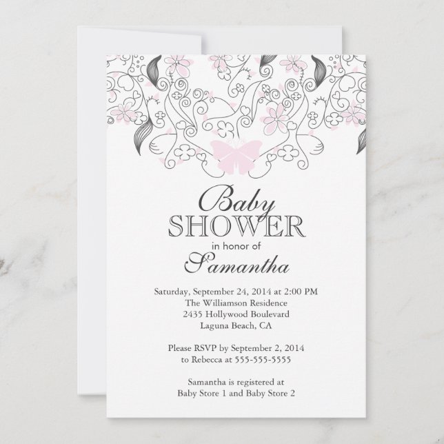 Convite Chá de fraldas bonito de Bebê-Borboleta Rosa (Frente)