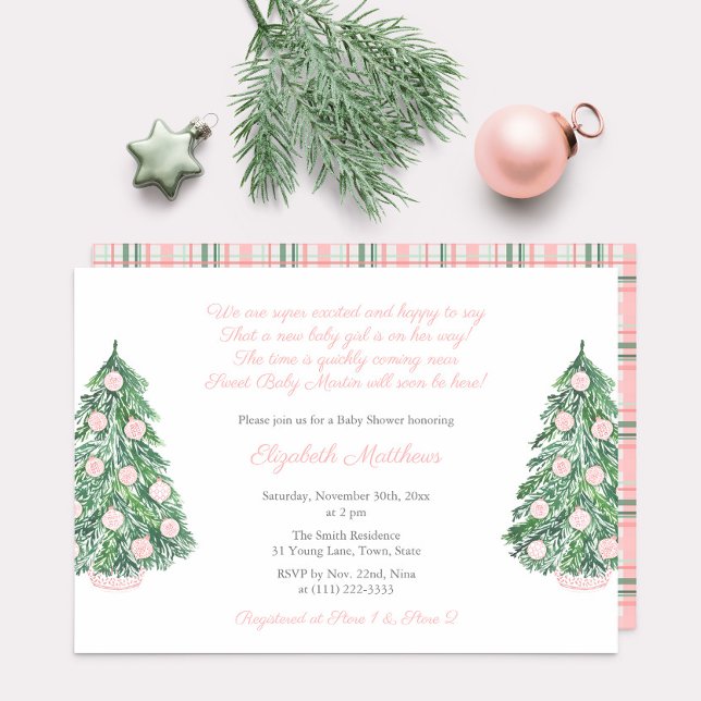 Convite Chá de fraldas bonito de Chinoiserie de Natal Rosa (Pink Chinoiserie Holiday Trees girl baby shower party invitation)