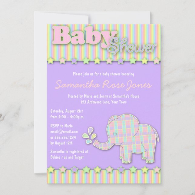 Convite Chá de fraldas Bonito de Elefante Pastel (Frente)
