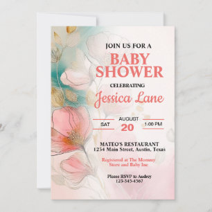 Convite Chá de fraldas bonito de Garota Rosa Floral