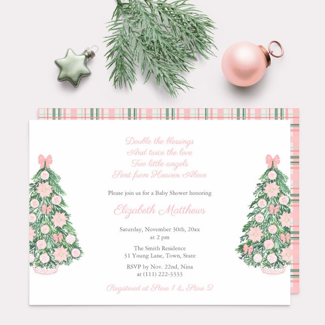 Convite Chá de fraldas bonito de Gêmeas de Natal Verde Ros (Maximalist pink chinoiserie, poinsettia and bows invitation for twin baby girls shower party)