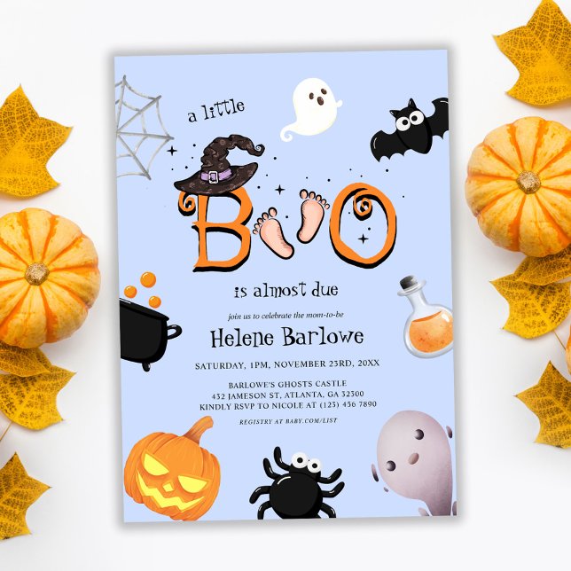 Convite Chá de fraldas Bonito de Halloween Boo (Blue Little Boo Halloween Baby Shower Invitation)