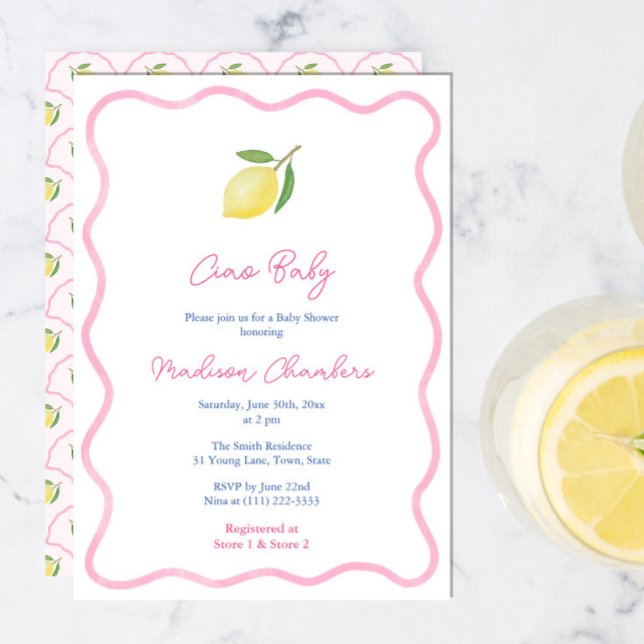 Convite Chá de fraldas bonito de limão-de-chá-bebê-tino-ro (Ciao Baby Pretty Pink Wavy border citrus lemons baby shower invite with scallop pattern reverse)