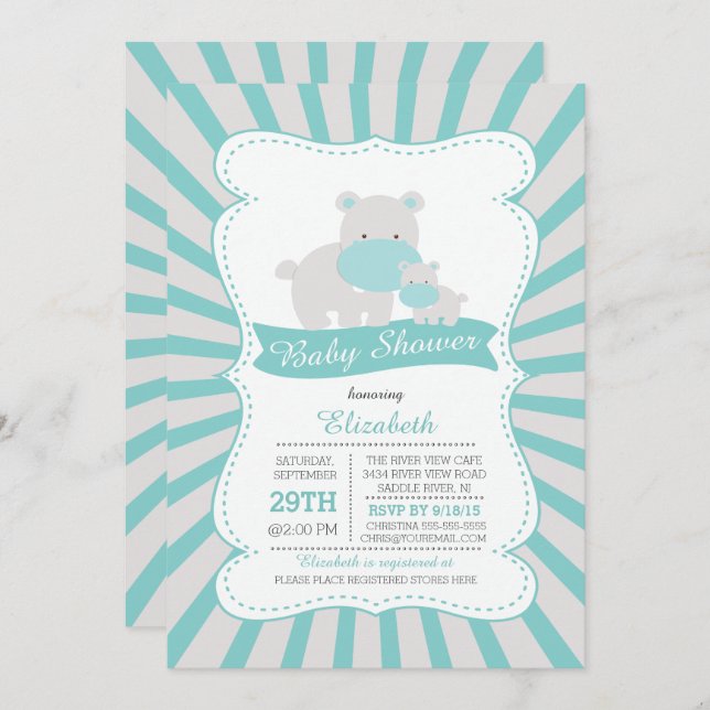 Convite Chá de fraldas Bonito de Meninos Hippo e Mãe (Frente/Verso)