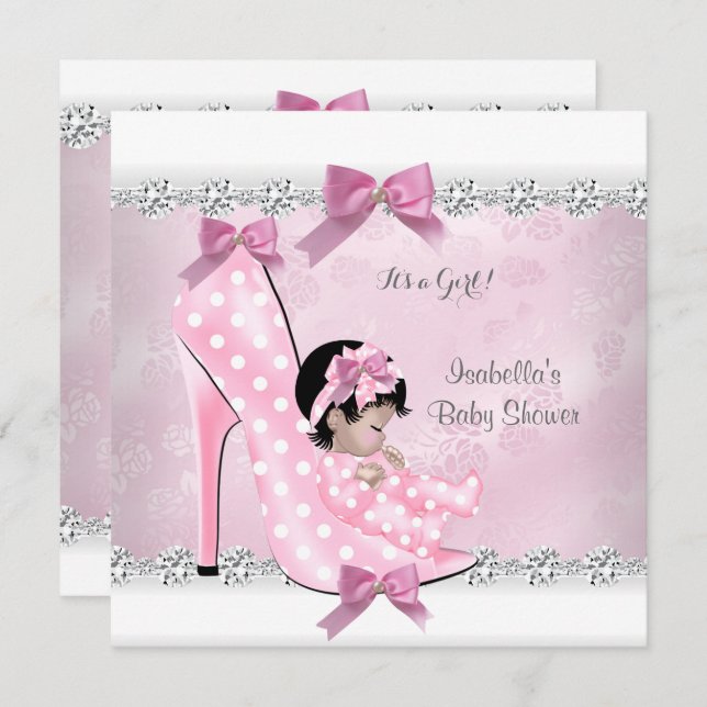 Convite Chá de fraldas bonito Garota Rosa Diamante Alto Al (Frente/Verso)