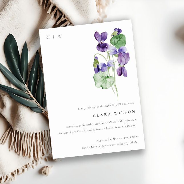 Convite Chá de fraldas bonito Monograma Violet Floral Bunc (Criador carregado)