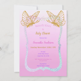 Convite Chá de fraldas borboleta rosa e brilho Dourado