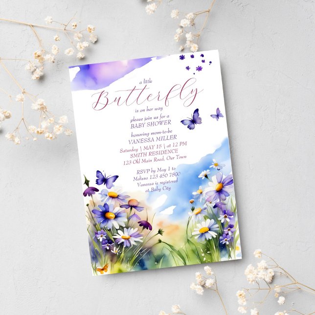Convite Chá de fraldas-borboleta viola prado-margarida (Butterfly baby shower template invitation digital download meadow daisies violets purple butterflies)