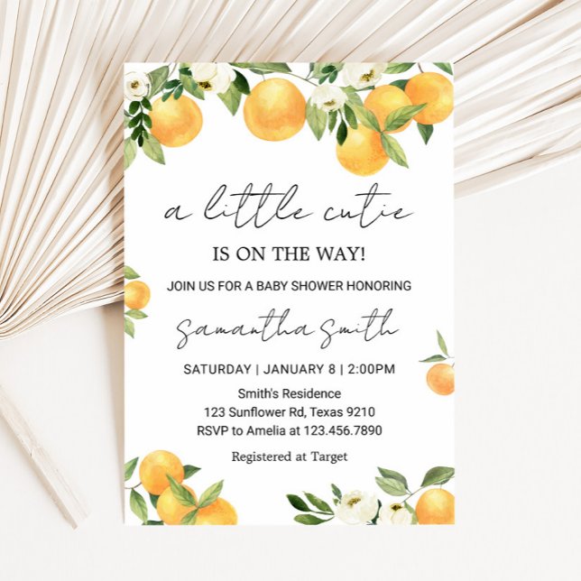 Convite Chá de fraldas Botânico Citrus Orange Little Cutie (Little Cutie Botanical Citrus Orange Baby Shower Invitation
)