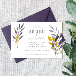 Convite Chá de fraldas Botânico Dourado Roxo
