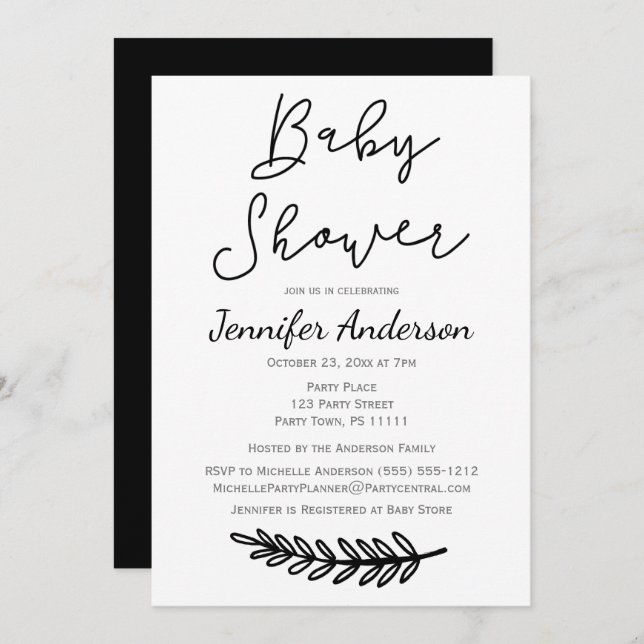 Convite Chá de fraldas botânico floral branco preto (Frente/Verso)