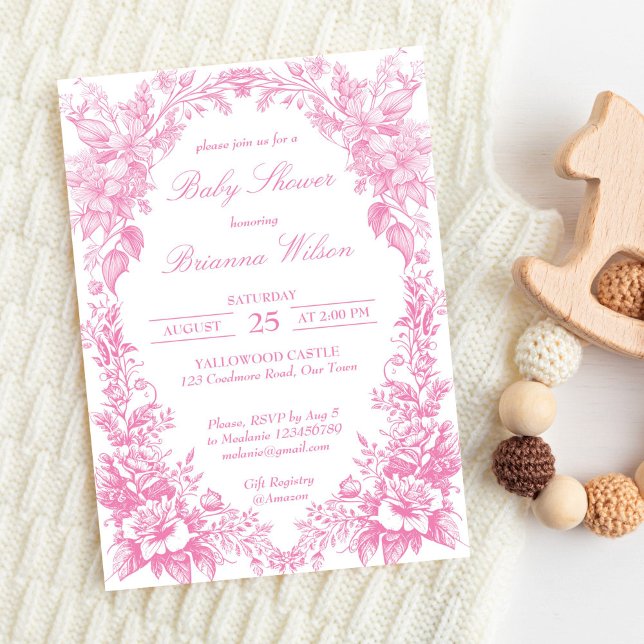 Convite Chá de fraldas botânico francês rosa-Elegante (Elegant pink French toile botanical girl baby shower Invitation editable template instant download)