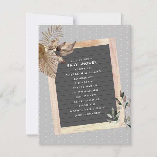 Convite Chá de fraldas Botânico Letterboard (Frente)