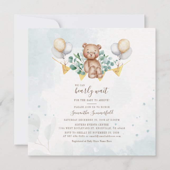 Convite Chá de fraldas Botânico Russo Eucalyptus Urso Cint (Frente)