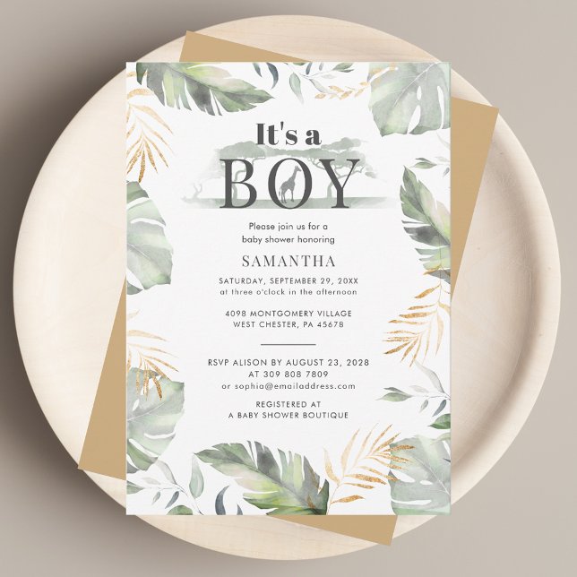Convite Chá de fraldas Botânico Selvagem Safari Selvagem (Its A Boy Jungle Baby Shower Invitation)