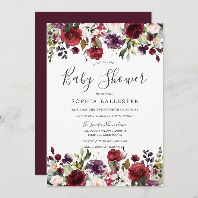 Convite Chá de fraldas Botânico Vermelho Burgundy (Frente/Verso)