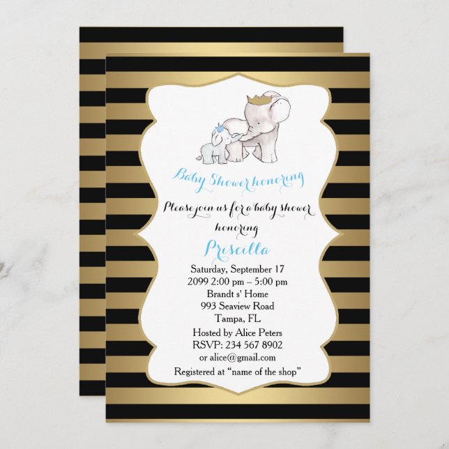Convite Chá de fraldas BOY, tira,preto,ouro,elefantes (Frente/Verso)