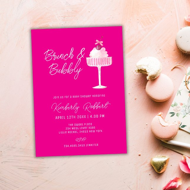 Convite Chá de fraldas Branca de Cereja Rosa, Champanhe Br (Pink Sweet Cherry Champagne Brunch Baby Shower Invitation)