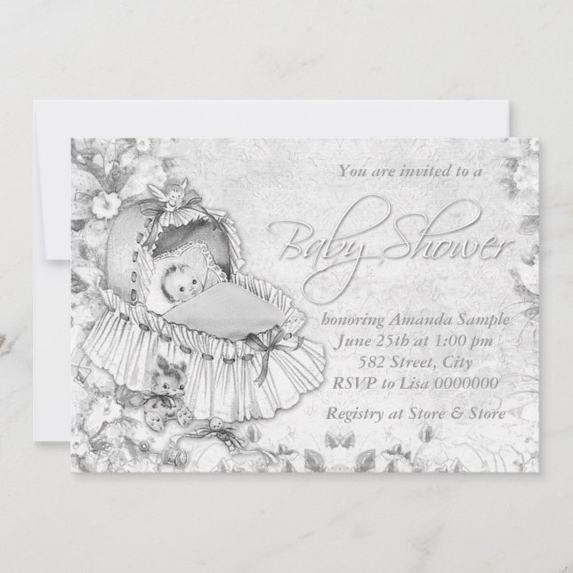 Convite Chá de fraldas Branco Bassinet Vintage (Frente)