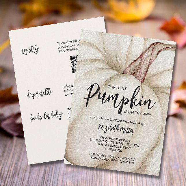 Convite Chá de fraldas Branco De Abóbora Tudo Em Um Único (White pumpkin baby shower all in one invitations,  registry, diaper raffle & books for baby on back)