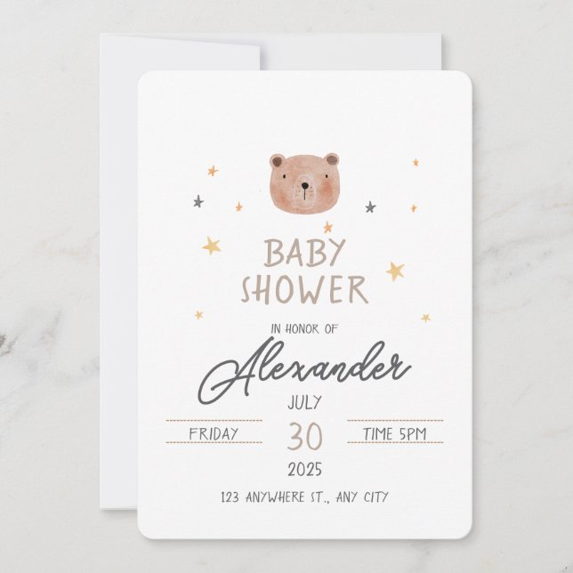 Convite Chá de fraldas branco e castanho de aquarela (Frente)