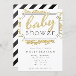 Convite Chá de fraldas branco e preto brilho Dourado Spark