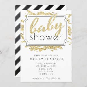 Convite Chá de fraldas branco e preto brilho Dourado Spark