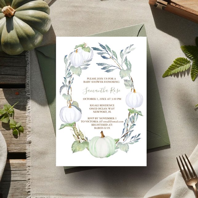 Convite CHÁ DE FRALDAS BRANCO e verde (Gender neutral baby shower invitations fall white and green pumpkins watercolor)
