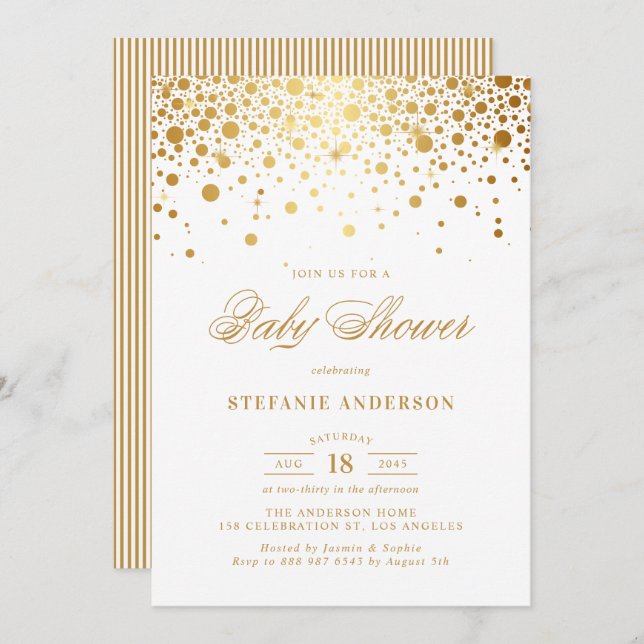 Convite Chá de fraldas Branco Faux Gold Foil Confetti Pont (Frente/Verso)