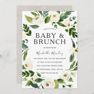 Convite Chá de fraldas branco Floral Wreath Brunch