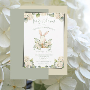 Convite Chá de fraldas Branco Hydrangea Bunny Rabbit
