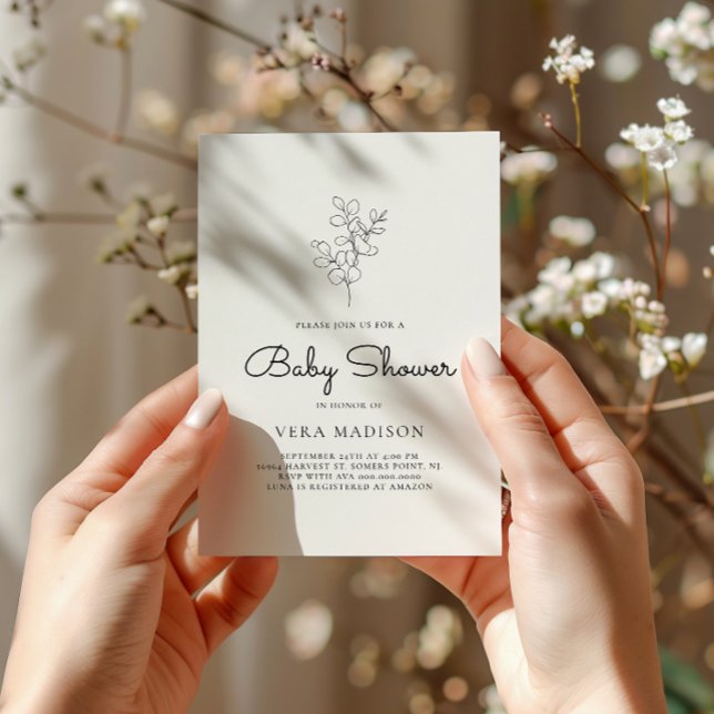 Convite Chá de fraldas branco minimalista (Criador carregado)