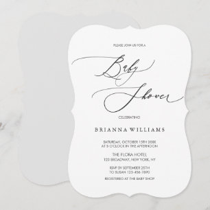 Convite Chá de fraldas branco preto de caligrafia elegant