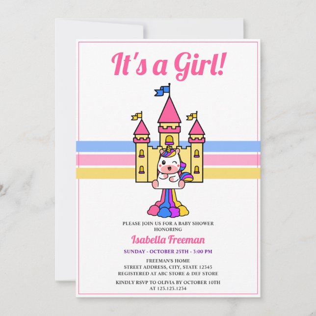 Convite Chá de fraldas Branco Unicórnio Branco do Castelo  (Frente)