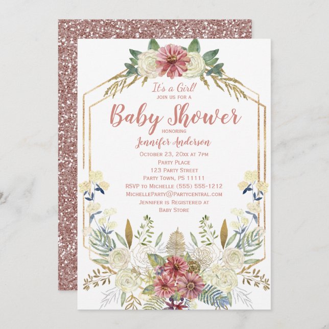 Convite Chá de fraldas Brilhante, cor-de-rosa, Dourada, da (Frente/Verso)