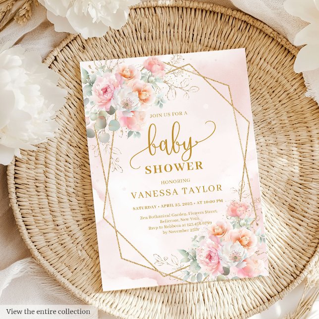 Convite Chá de fraldas brilhante, cor-de-rosa e dourado (Sweet blush pink and gold glitter baby shower Invitation)
