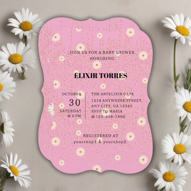 Convite Chá de fraldas brilhante da margarida do Ouro rosa (Criador carregado)