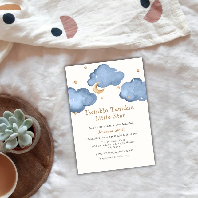 Convite Chá de fraldas Brilhante das Estrelas da Lua Azul (Blue Moon Stars Twinkle Twinkle Baby Shower Invitation)
