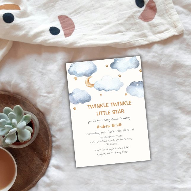 Convite Chá de fraldas Brilhante das Estrelas da Lua de Ma (Cute Ivory Moon Stars Twinkle Twinkle Baby Shower Invitation)