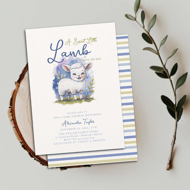 Convite Chá de fraldas brilhante de carneiro branco (little lamb boy baby shower invitation watercolor cute character adorable sweet blue green elegant)
