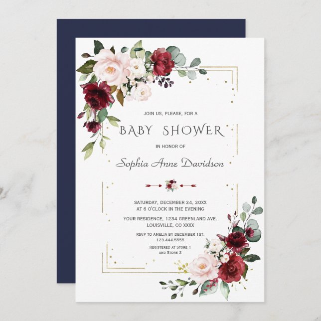 Convite Chá de fraldas Brilhante Dourado Floral Blush (Frente/Verso)