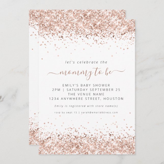 Convite Chá de fraldas brilhante Rosa Dourado (Frente/Verso)