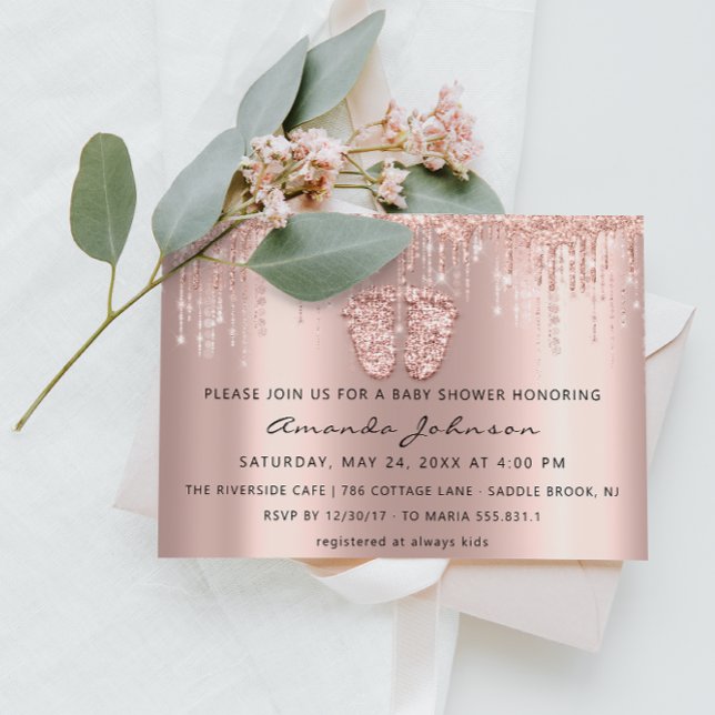 Convite Chá de fraldas Brilhante Rosa  Dourado Garota (Baby Shower Feet Glitter Rose Gold Drips Boy Girl Invitation)